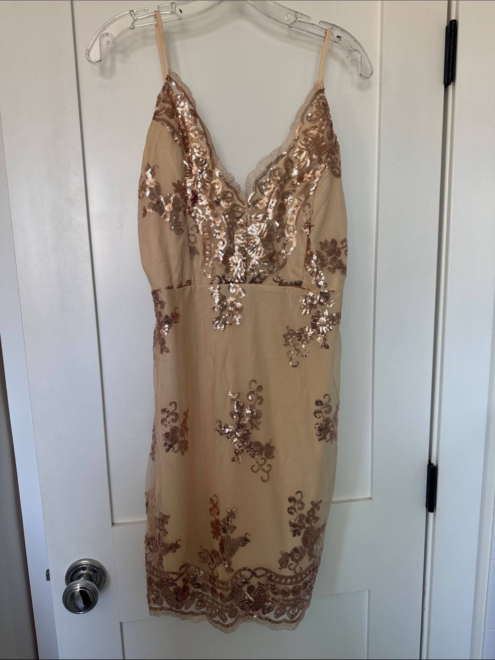 Gold Sequin Embroidered Beige Slip Mini Dress